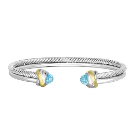 18K Gold & Sterling Silver Textured Double Strand Italian Cable Cuff Bangle with White Diamond