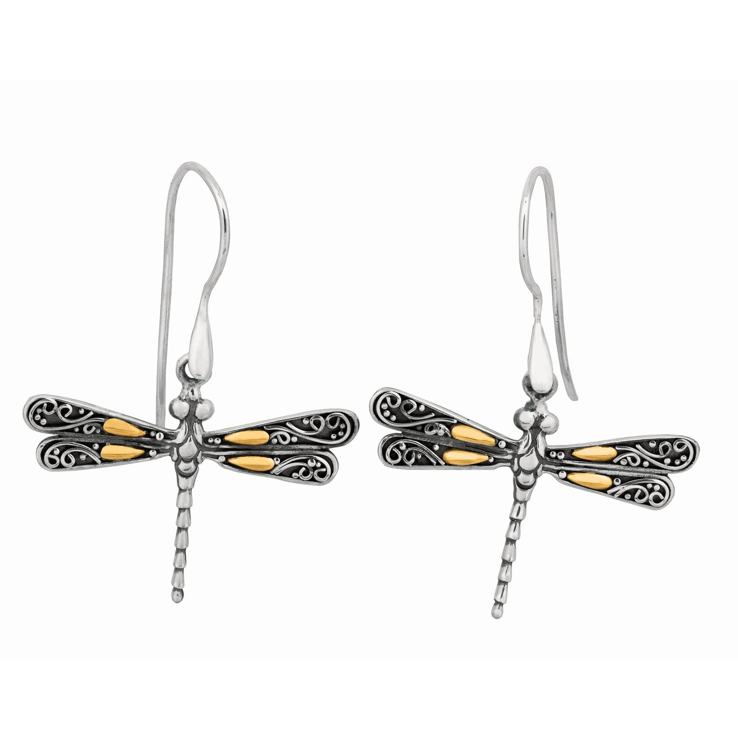 18K Yellow Gold Sterling Silver Oxidized Single Dragonfly Drop Earring