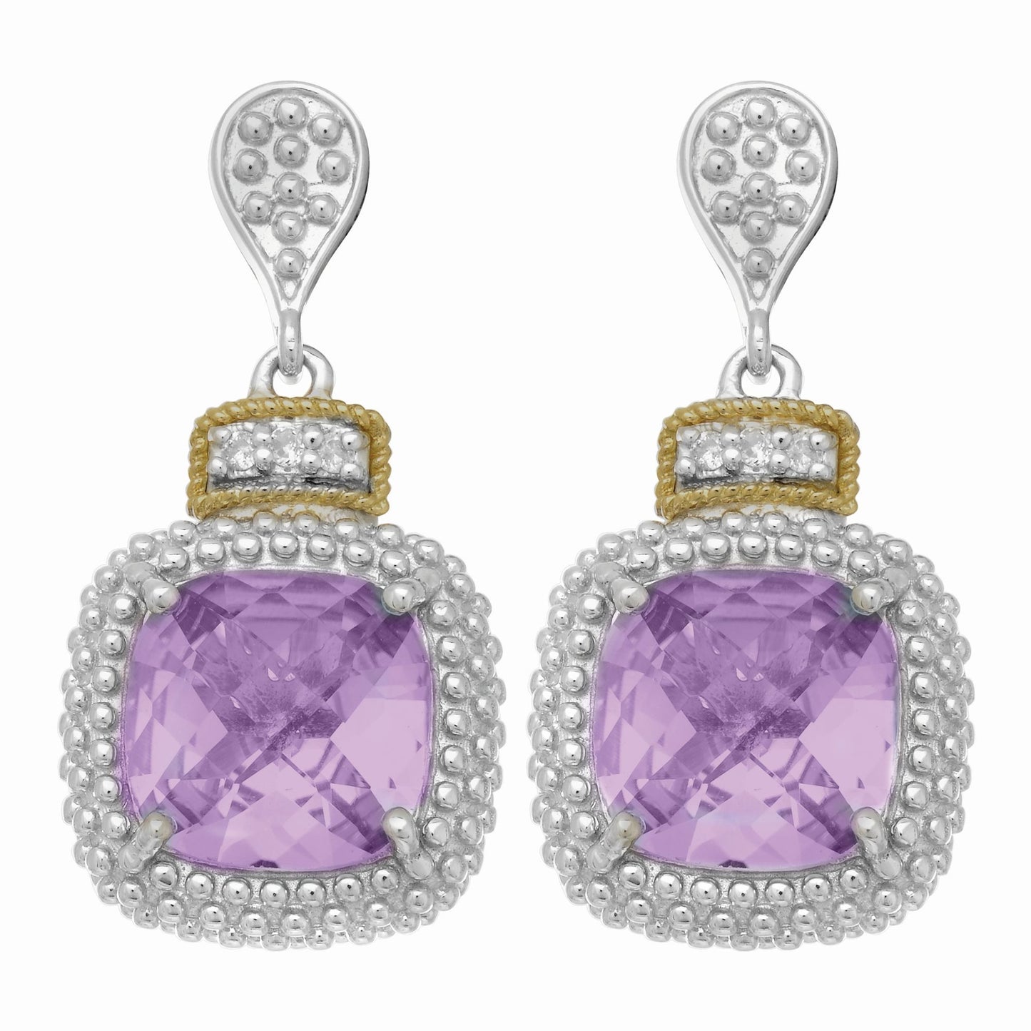 18K Yellow Gold Drop Earring with 2-10.0 Square Amethyst 6-0.01Ct Faceted White Diamond