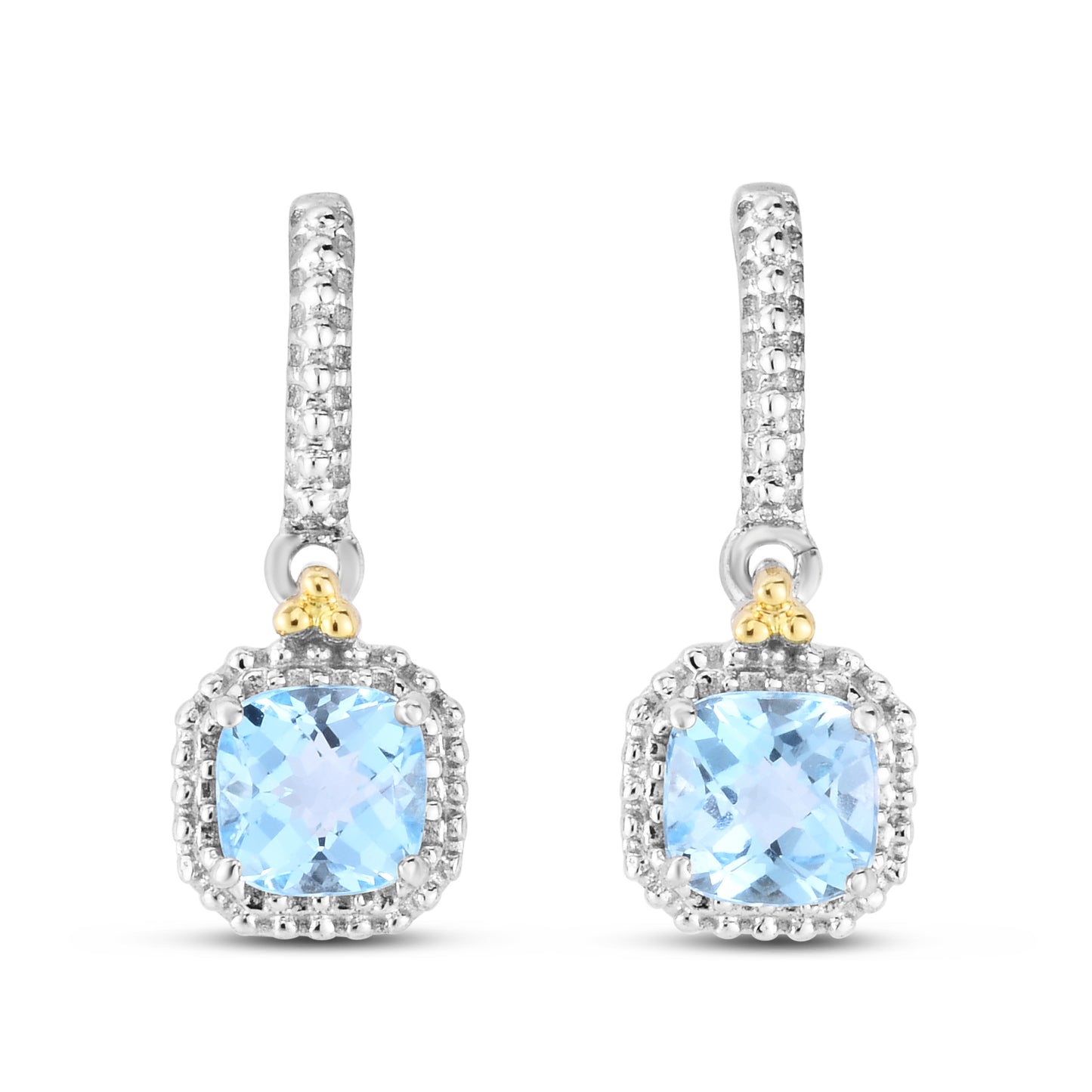 18K Gold & Silver Square Drop Popcorn Earring with 5mm Cushion Light Swiss Blue Topaz