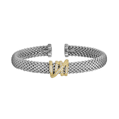 Two Tone 18K Gold or Sterling Silver Popcorn Textured Cuff Bangle with Coil Center Element and Diamonds