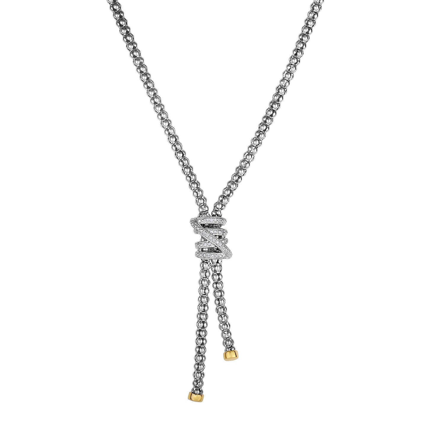 18K Gold & Sterling Silver and Diamonds with Popcorn Textured Lariet Style Necklace