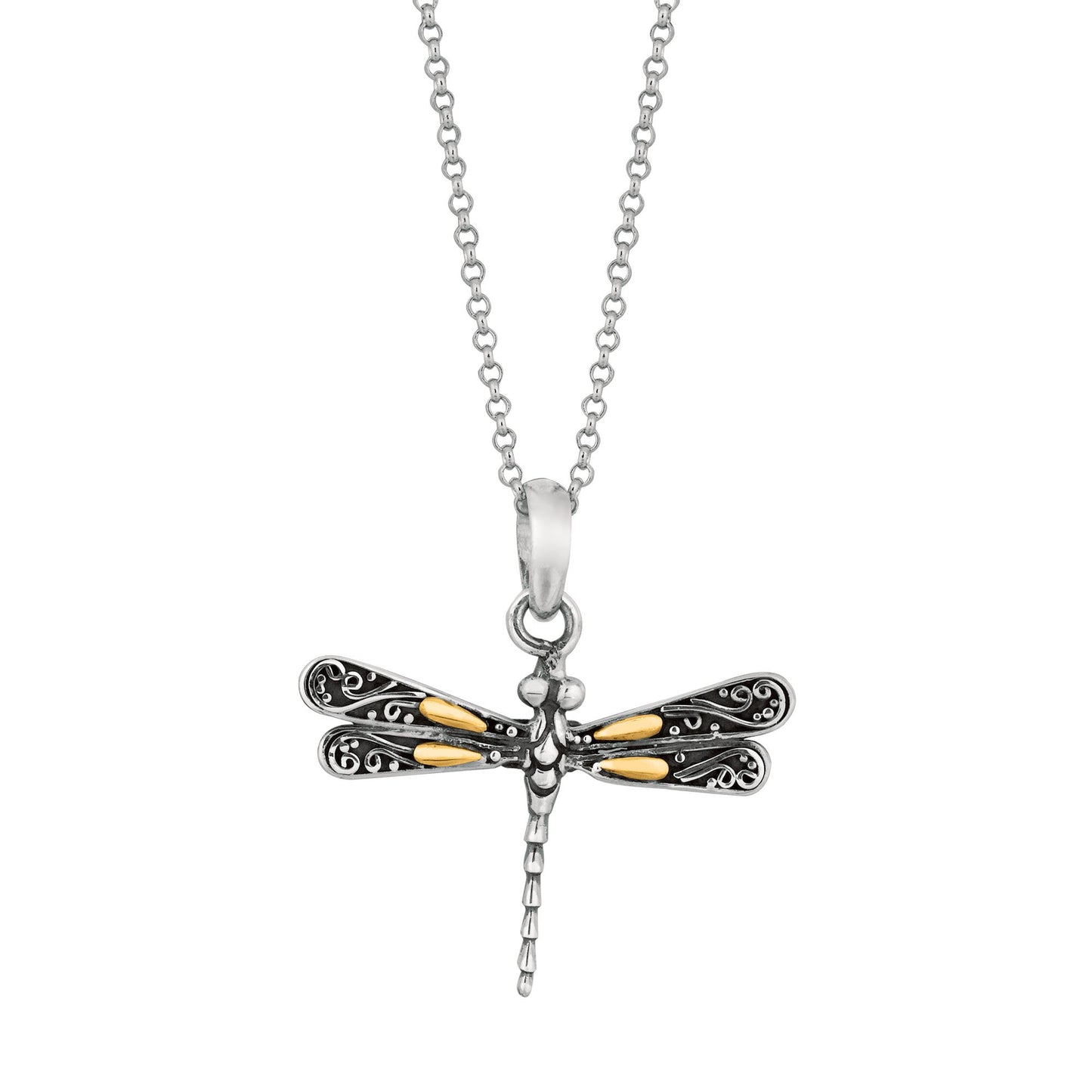 18K Gold & Sterling Silver Dragonfly Pendant with Rolo Chain