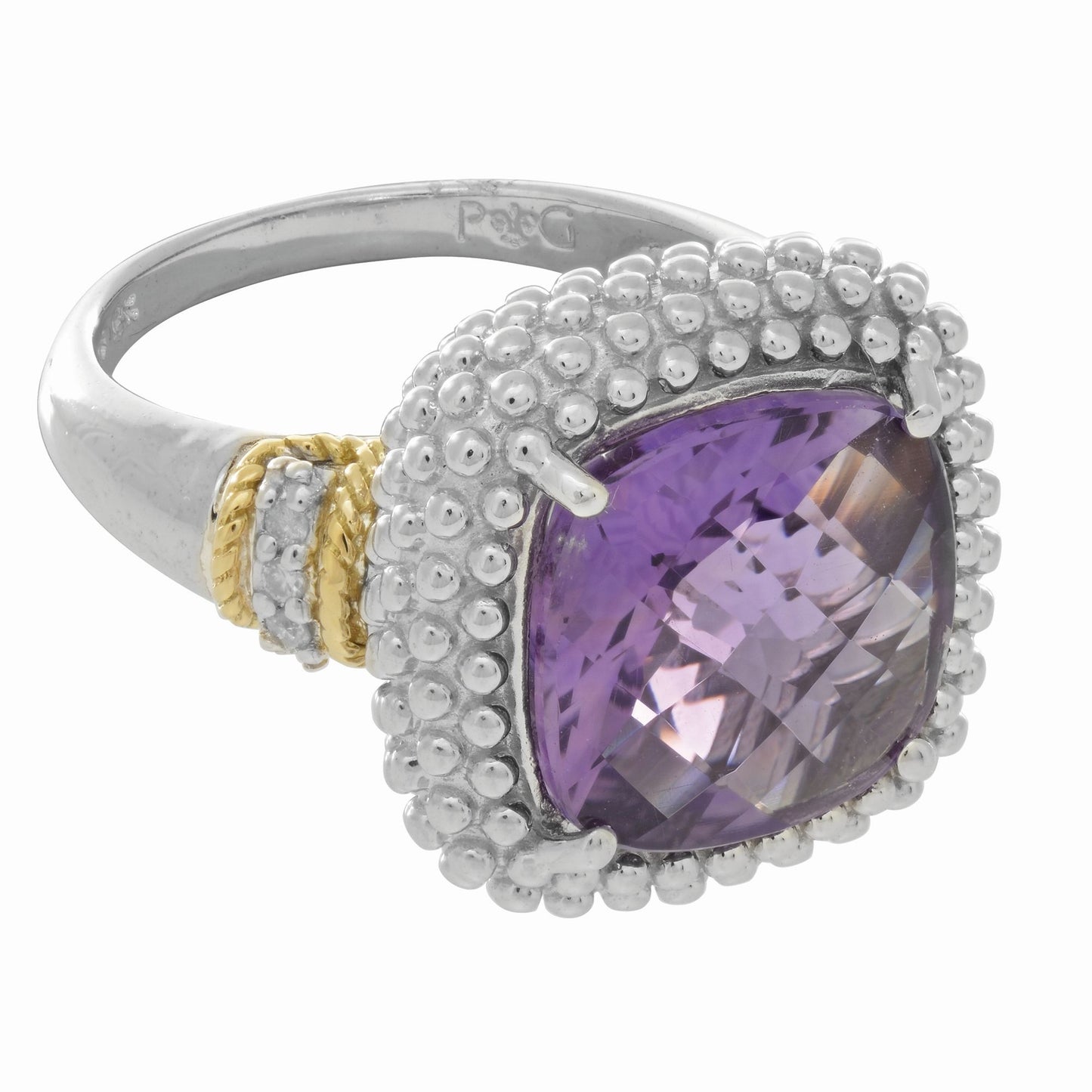 18kt Yellow Gold Silver with Rhodium Finish Shiny Ring with 1-12.0 Square Amethyst 6-0.01ct Facete d White Diamond
