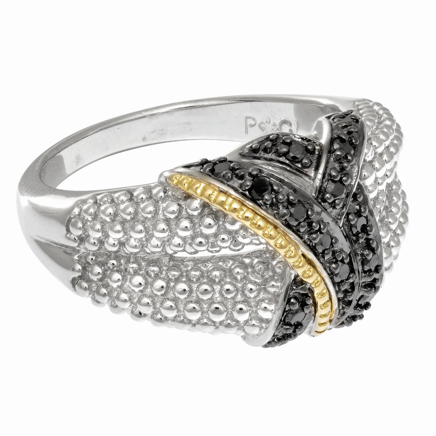 18kt Yellow Gold Silver with Rhodium Black Rhodium Finish Shiny Ring with 15-0 .01ct Faceted Black Diamond