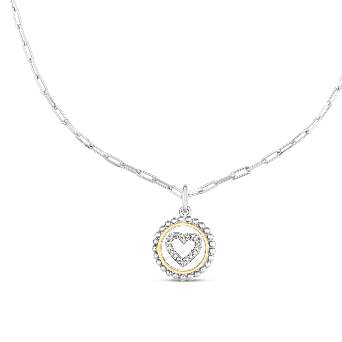 18K Gold & Sterling Silver Heart Pendant with White Diamonds on Paperclip Chain