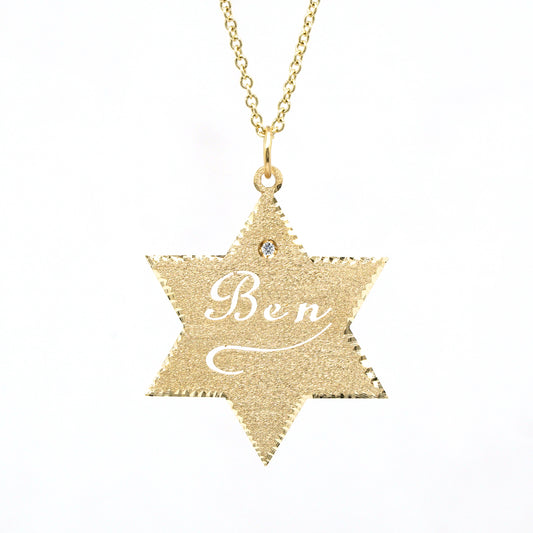 14K Gold Star of David with Diamond and Custom Punch out Name Pendant in 14K Gold