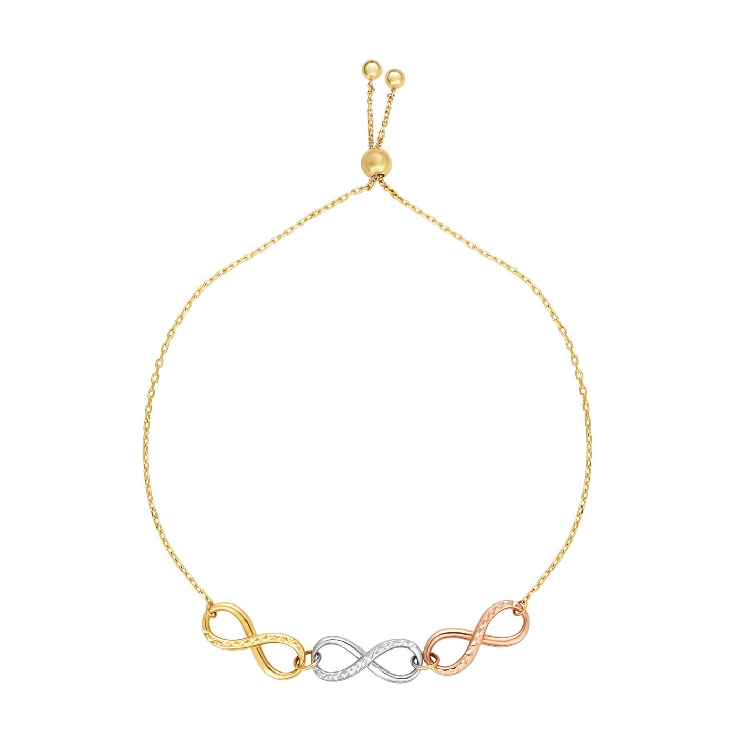14K Tri-color Gold Infinity Links Adjustable Bolo Friendship Bracelet