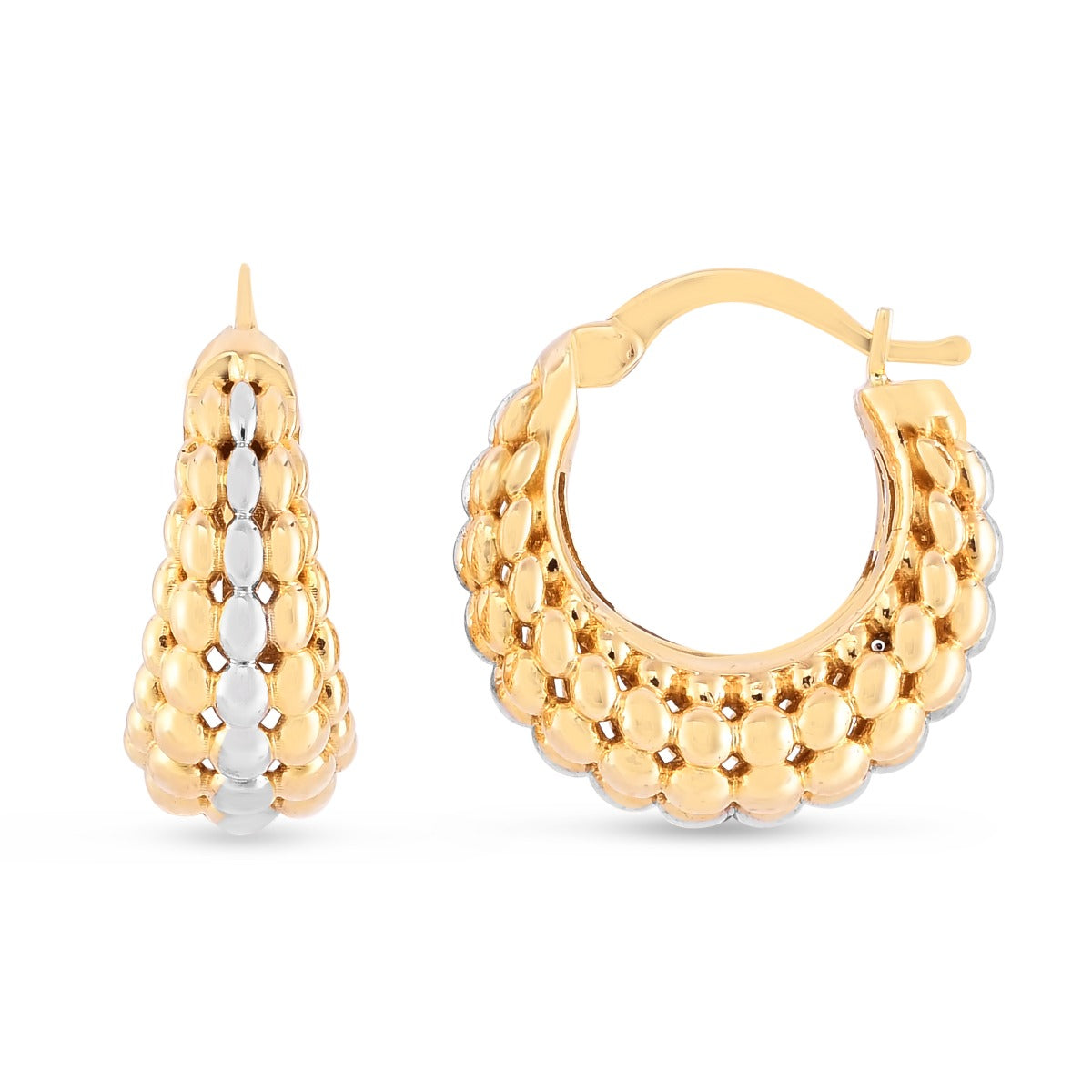 14K Two-tone Gold Popcorn Graduated Hoops with Hinged Closure.