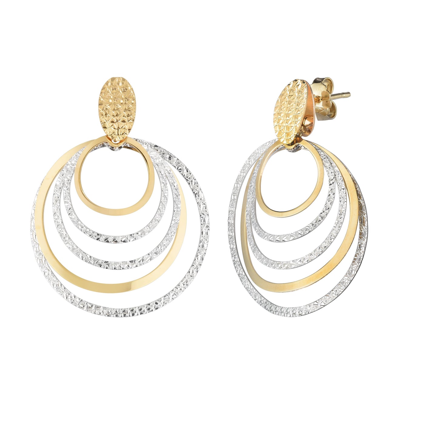 14K White and Yellow Gold Polished & Diamond Cut Round Multi-Layered Dangle Earring