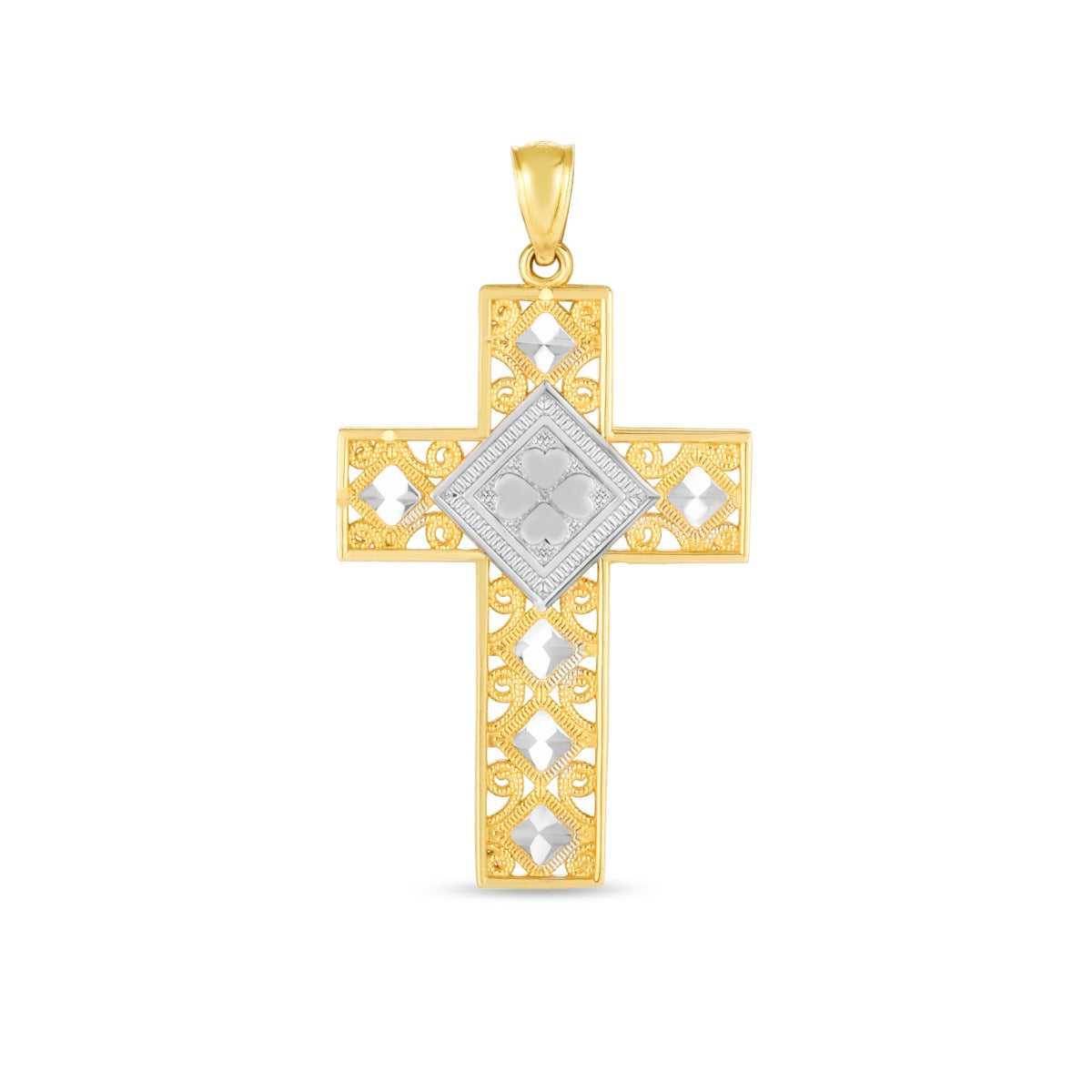 14K Two-Tone Diamond Cut Cross Pendant with Textures and 4 Hearts in the Center