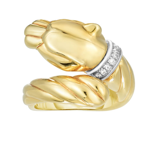 14K Yellow and White Gold Polished Bypass Panther Ring with White Diamond