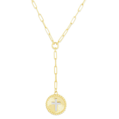 14K Gold Cross Two-tone Medallion Lariat Necklace on Paperclip Chain with Lobster Clasp