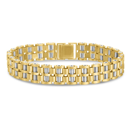 Two Tone 14K Gold Double Row Railroad Bracelet with Buckle Clasp