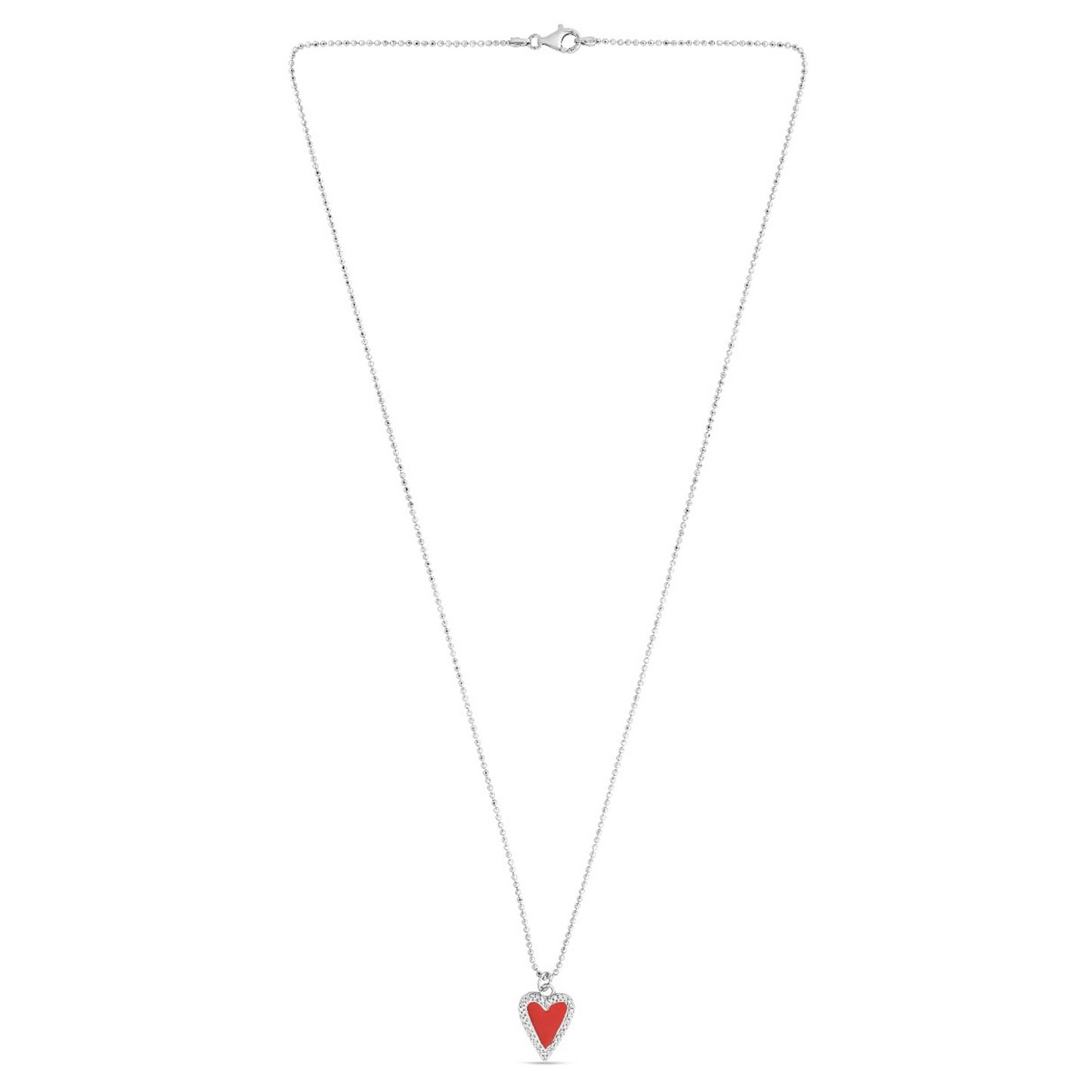Sterling Silver Red Enamel Heart Necklace on Bead Chain with Lobster Clasp