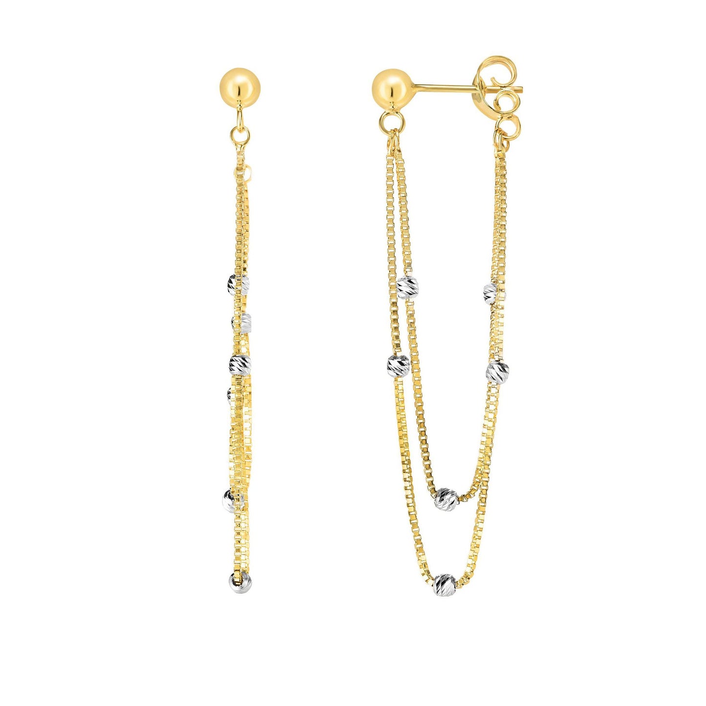 14K White and Yellow Gold Chain & Bead Station Front to Back Drop Earring