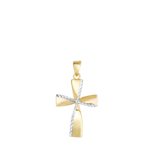 14K Yellow & White Gold Diamond Cut Detail Twist Cross
