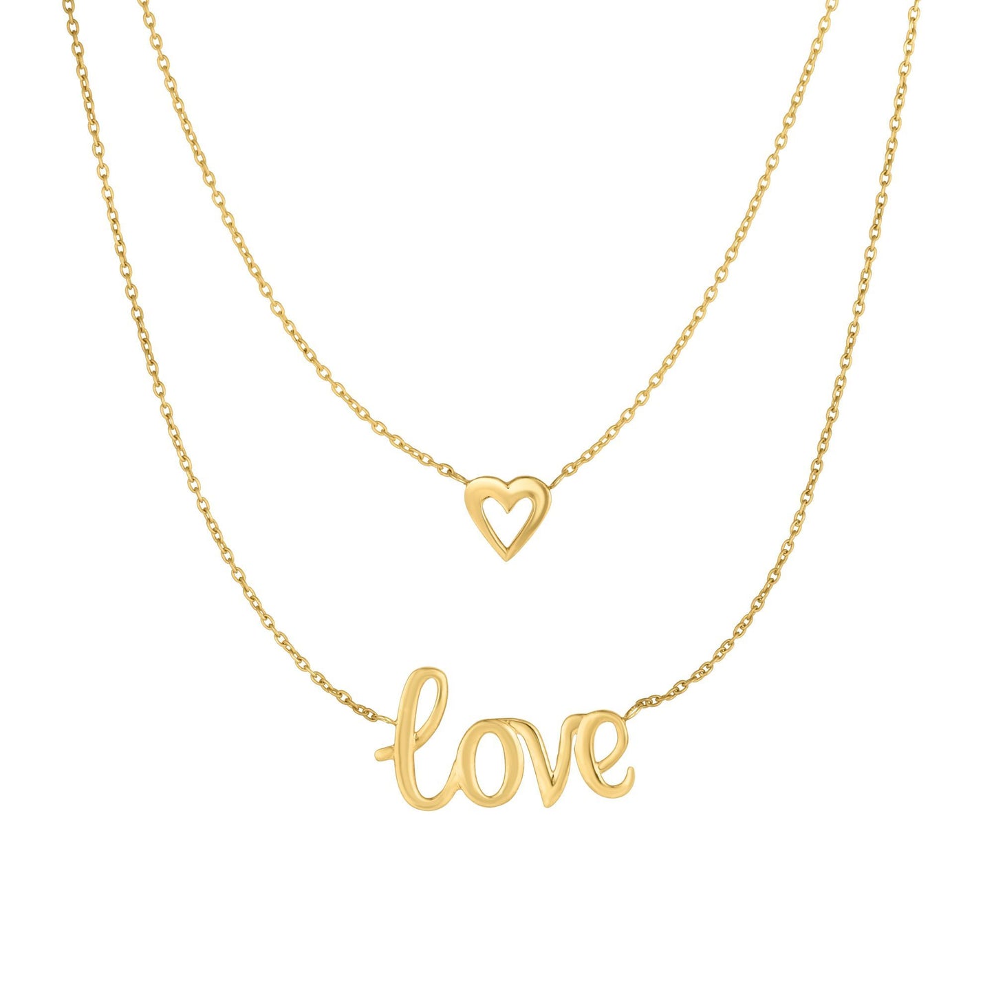 10K Gold Multi Layered Love and Open Heart Necklace