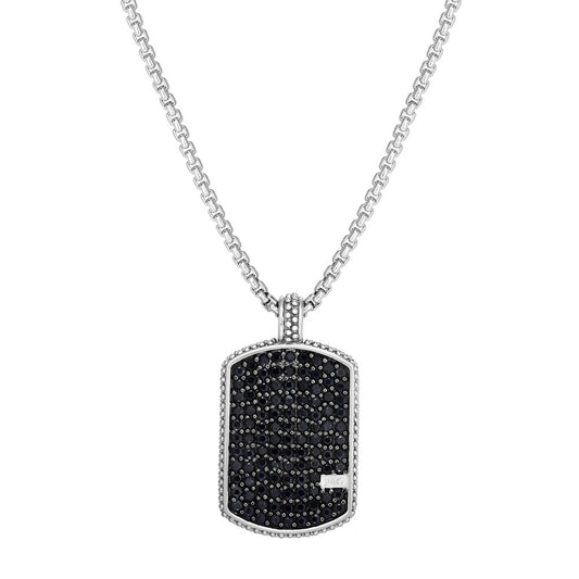 Sterling Silver Long Rectangular Pendant with Precious Stones and Polished Round Box Chain with Lobster Clasp